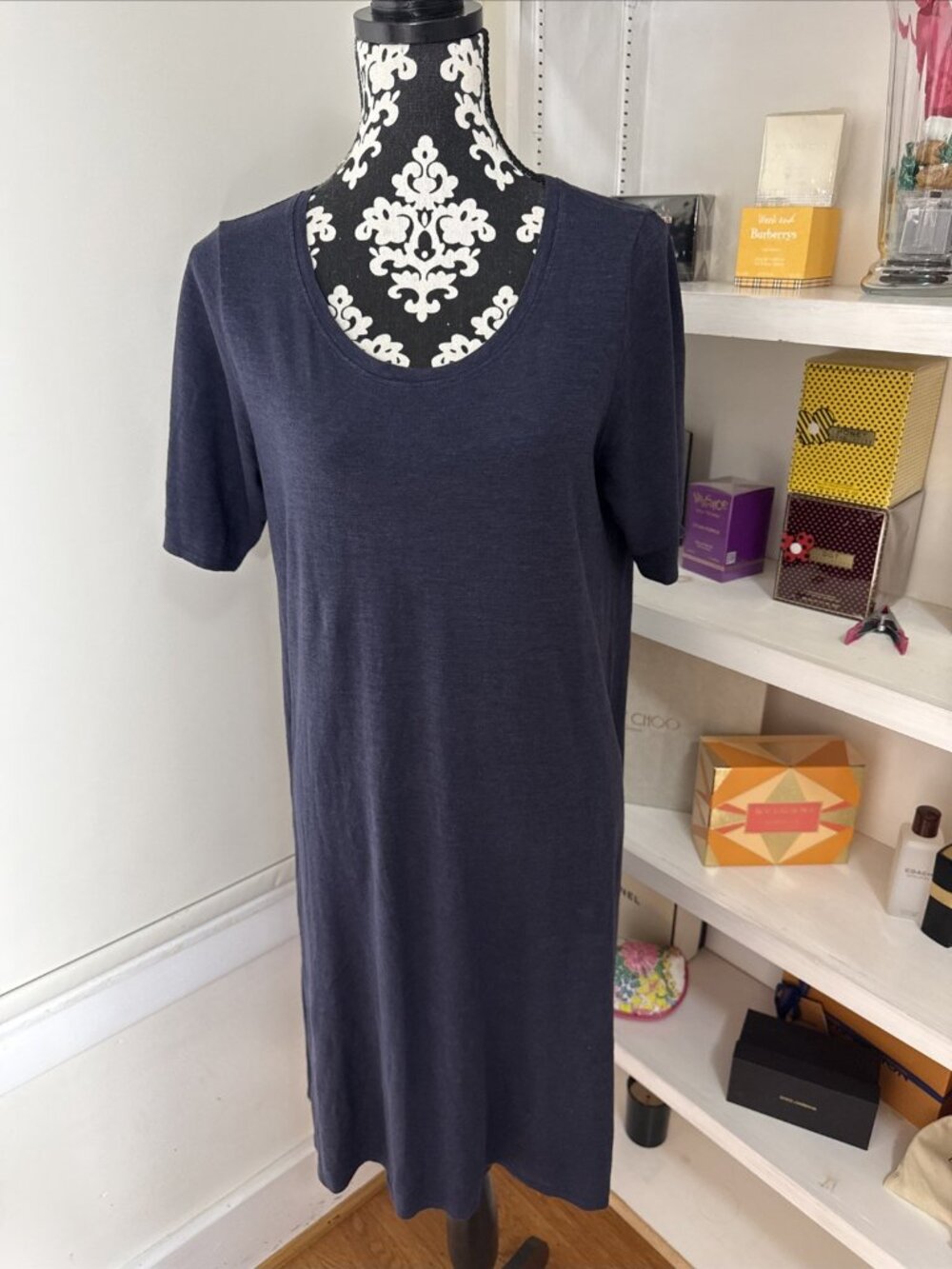 EILEEN FISHER Hemp Organic Cotton Scoop Neck Short Sleeve Midi Dress Navy Slub M